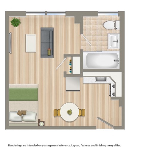 Floor plan for studio, 1 bath, 266 sqft